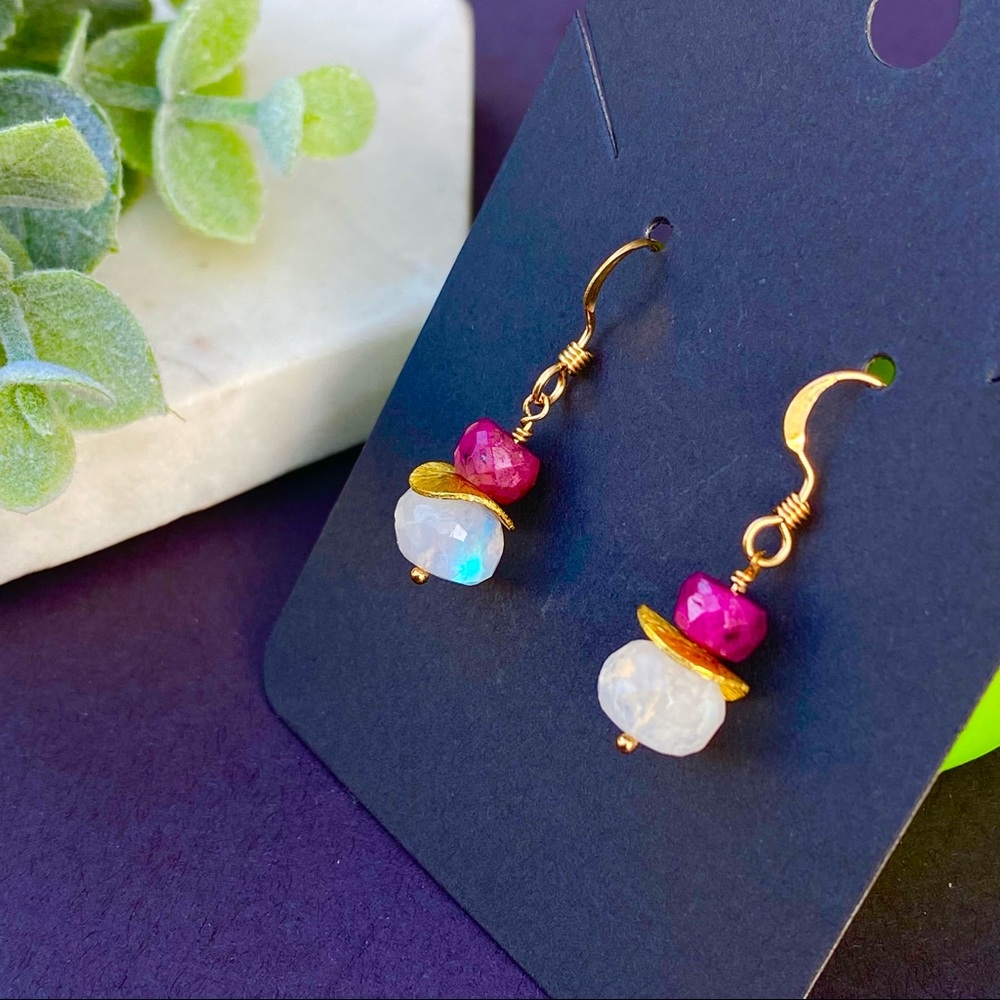 Moonstone & Ruby Earrings Drop 14k gold filled natural gemstone